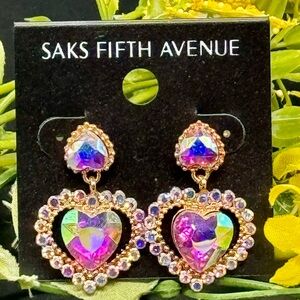 Elegant Saks Fifth Avenue AB Heart Crystal Post With Drop Crystal Heart Ear